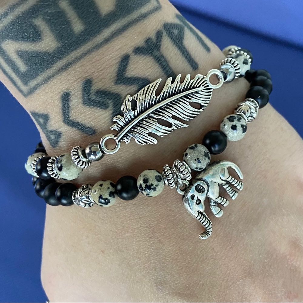 Onyx & jasper elephant leaf feather set bracelets - Picture 2 of 13